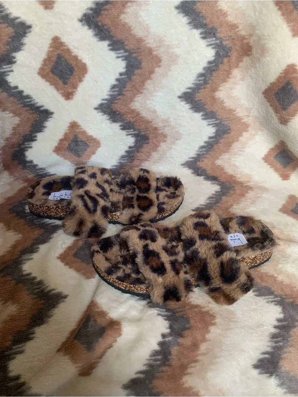 Nicole Miller Women’s Bamby Faux Fur Leopard Slide Sandals Shoes Size 7